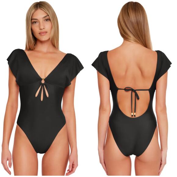 Trina Turk NWOT Monaco Flutter One Piece Swimsuit Black Size 8 Scoop Back Cutout - Picture 1 of 10